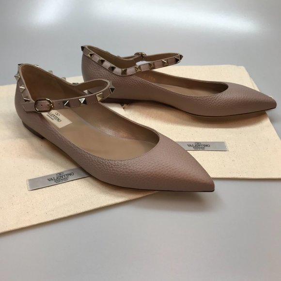 NIB Authentic Valentino Garavani Rockstud Ankle Strap Pebbled Leather Flat - Picture 3 of 7